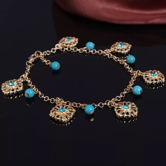 Boho Bohemian Gold Toned Turquoise Beaded Anklet - Picture 9 of 13